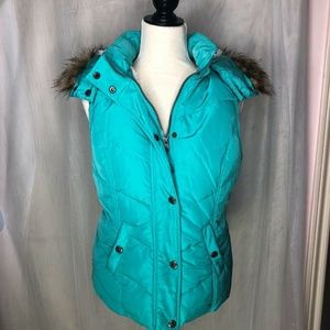 Green Tea Puffer Vest Medium Green Faux Fur Trim